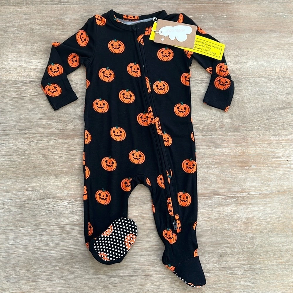 🎃 Angel Dear Girl Boy Bamboo Black Pumpkin Sleeper Footie 3-6 months
